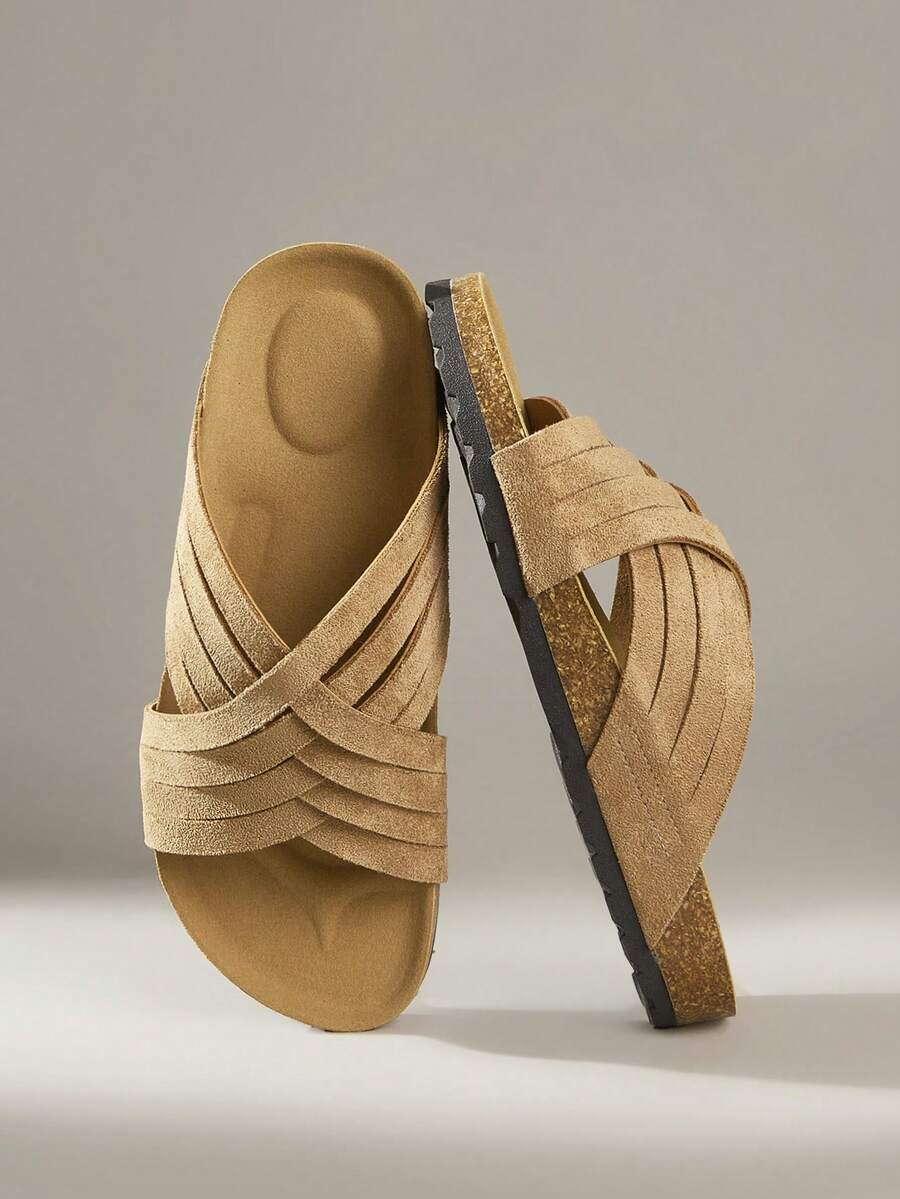 Solecia Women's Casual Versatile Commuting Criss-Cross Strap Flat Slippers - Khaki - View 1