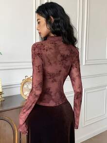 EastFlair Women's Elegant Floral Print Asymmetric Hem Long Sleeve Blouse With Button Cuffs, Autumn - Black - View 6