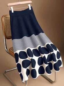 Franclia Elegant Geometric Polka Dot & Striped Long A-Line Knit Skirt, Casual & Versatile For Commuting, Autumn/Winter - Multicolor - View 5