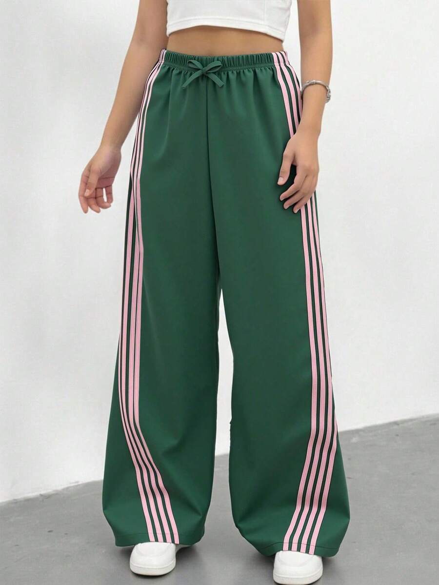 SHEIN Tween 女童撞色松紧腰抽绳宽松直筒休闲裤 - 綠色 - 查看 1