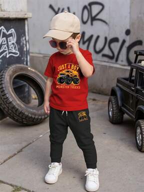 2pcs/Set Young Boy Racing Element Print Outfit, Fashion Versatile Casual Comfortable Red Round Neck T-Shirt + Black Pants, Boys Short Sleeve Pants Set