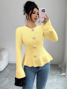 SHEIN Elenzya 女士优雅金属扣袖口荷叶边下摆长袖毛衣，秋冬款 - Butter Yellow - 查看 6