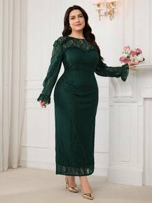 Modelyn Plus Size Women Floral Lace Patchwork Ruffle Hem Elegant Long Sleeve Dress - Dark Green - View 7