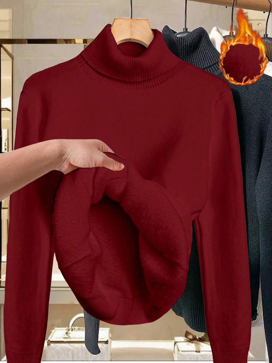 Linhara Plus Size Solid Color Minimalist Turtleneck Long Sleeve Warm Pullover Sweater Fall Winter - Burgundy - View 1