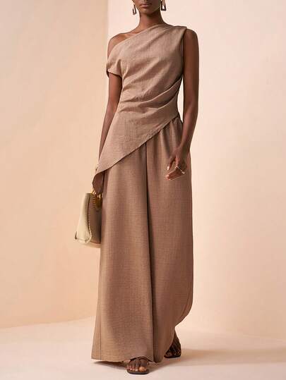 Zivah New Spring/Summer Casual Elegant Commuting Khaki Linen Top With One-Shoulder Ruffled Asymmetrical Hem Paired With High-Waisted Wide-Leg Pant Women Two-Pices Set, Everyday Wear, Dates, Valentine's Day, Party, Wedding Guests Outfits, Airport Outfits, Brunch, Travel, Vacations, Boho,Holidays, And Commuting-A