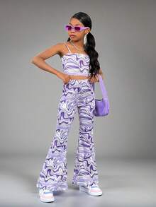 SHEIN Tween Girls' Full Printed Crop Top & Flared Pants Set For Fashionable Sporty Look - Purple - View 6