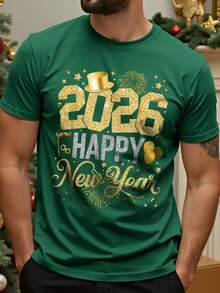 Manfinity Homme 1件男士休闲、日常、通勤、聚会、节日2026新年图案短袖T恤，男女通用 - 墨綠色 - 查看 2