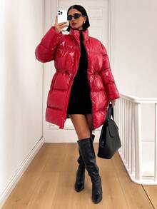 EURMUSE Cappotto imbottito con coulisse e chiusura lampo da donna, invernale - Rosso - Visualizzare 7