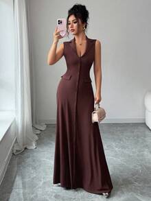 SHEIN Elenzya Plus Size Elegant Brown Summer French Style Lapel Waist Ribbed Sleeveless A-Line Dress, Work Festa Low Cut Classy Women Dress - Redwood - View 1