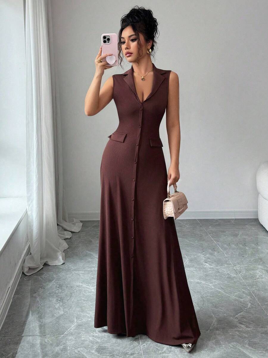 SHEIN Elenzya Plus Size Elegant Brown Summer French Style Lapel Waist Ribbed Sleeveless A-Line Dress, Work Festa Low Cut Classy Women Dress - Redwood - View 1