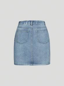 少女牛仔裤，夏季新品，中蓝色，休闲舒适，爱心刺绣，修身款式，柔软棉质牛仔布，适合日常穿着，少女牛仔裙 - 中等水洗藍 - 查看 2