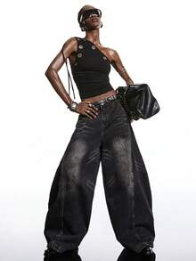 LYSMO Dam Y2K Rynkad Nyckelhålsdesign Ärmlös Figurnära Modern Crop Top - Svart - Visa 6