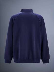 Driftmere Men Casual Solid Color Pullover Sweatshirt, Fashionable & Versatile, Fall Spring To Summer - Navy Blue - View 2