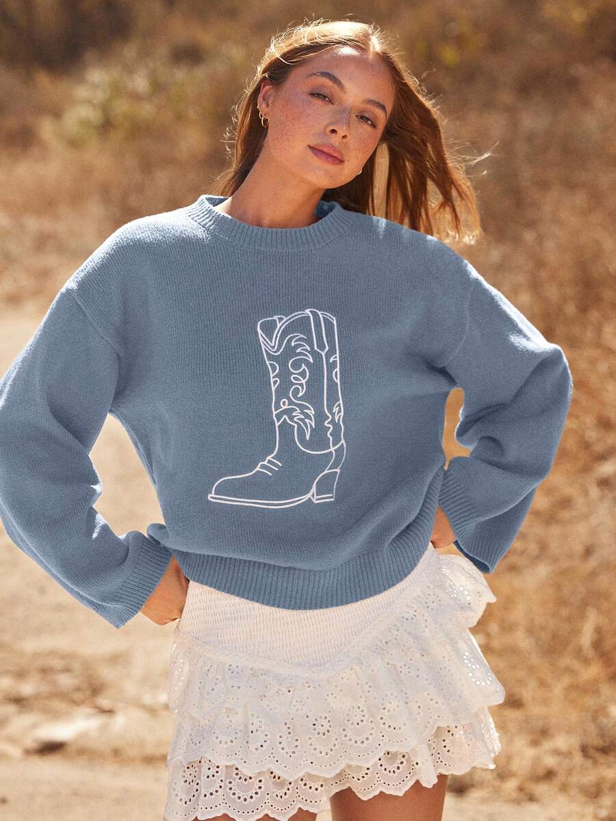 WESTFADE 牛仔西部牛仔靴圆领长袖宽松针织毛衣休闲可爱秋季西部风波西米亚风 - 藍色 - 查看 1