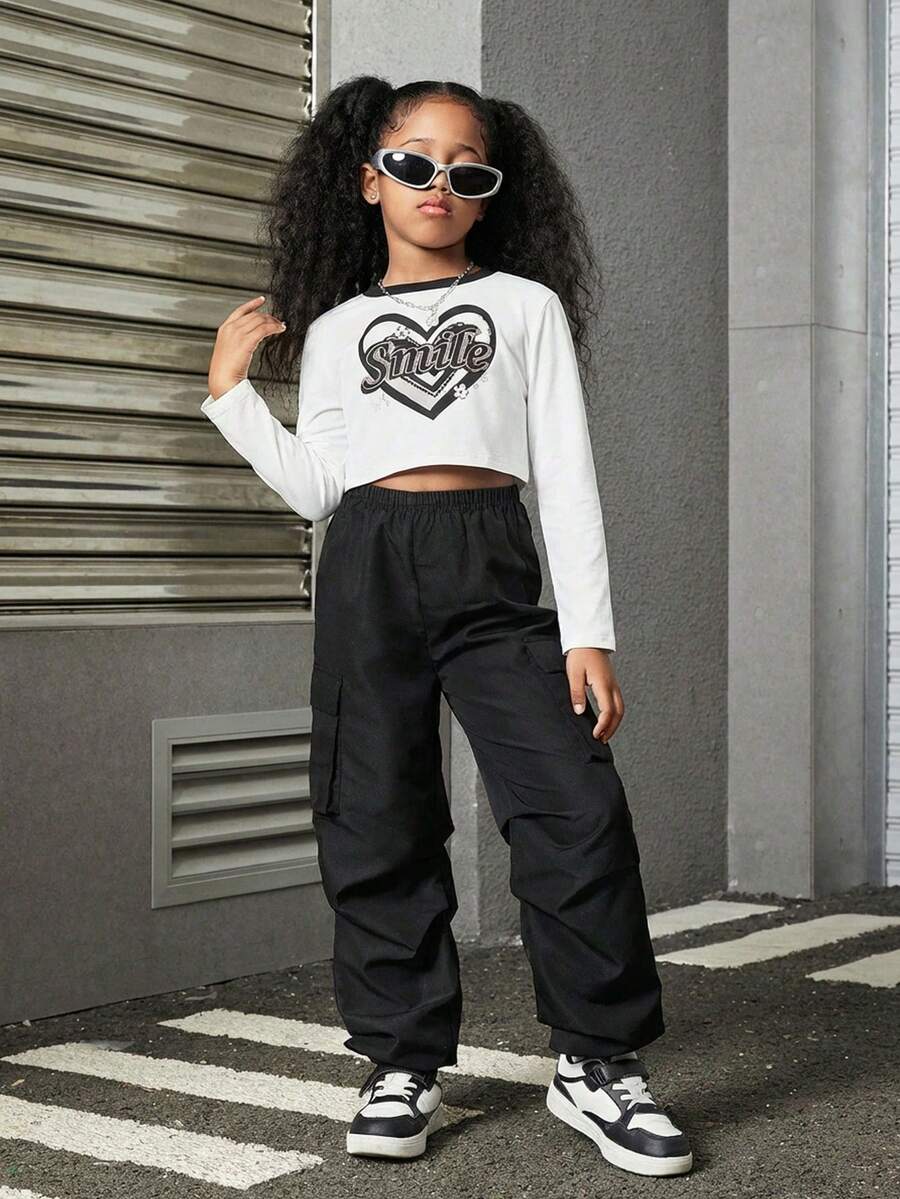 SHEIN Conjunto De 2 Piezas Para Chica Preadolescente, Camiseta Con Estampado De Corazón Y Letra Y Pantalones Largos Estilo De Ropa De Trabajo - Blanco y Negro - Ver 1
