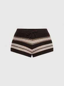 ROMWE Fairycore Plus Size Women Spring Casual Versatile Vacation Retro Striped Knit Shorts - Brown - View 1