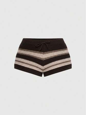 Fairycore Pantaloncini a righe in maglia casual e versatili per vacanze, taglie comode per donne, stile retrò