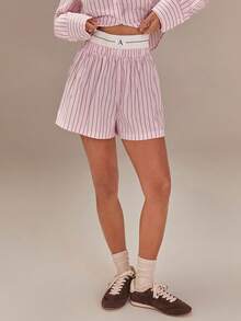 Athîral Women's Casual Pink Striped Long Sleeve Shirt And Shorts Set,Two Piece Spring Summer Casual Lounge Outfit,Pink Striped Suit,Casual Sets For Women,Valentine's Day Outfit,Pink Blouse, Blouse And Pants Set, Shirt And Pants Set, Shirt Sets For Women, Striped Blouse, Pajama Set, Blouse And Shorts Set, Cotton Clothing Woman,Women's Summer Set,Spring Break Outfits,Valentine Outfits For Women - Pink - View 6
