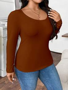 Elenzga Camiseta casual versátil de manga larga, cuello de pico y ajuste ceñido en unicolor para mujer de talla grande - Marrón - Ver 3