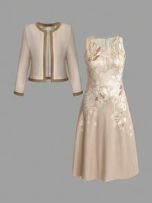 EMERY ROSE Bộ 2 món áo cardigan dệt kim cỡ lớn và váy không tay in họa tiết dành cho nữ, trang phục đi nghỉ thường ngày - Màu Khaki - Xem 1