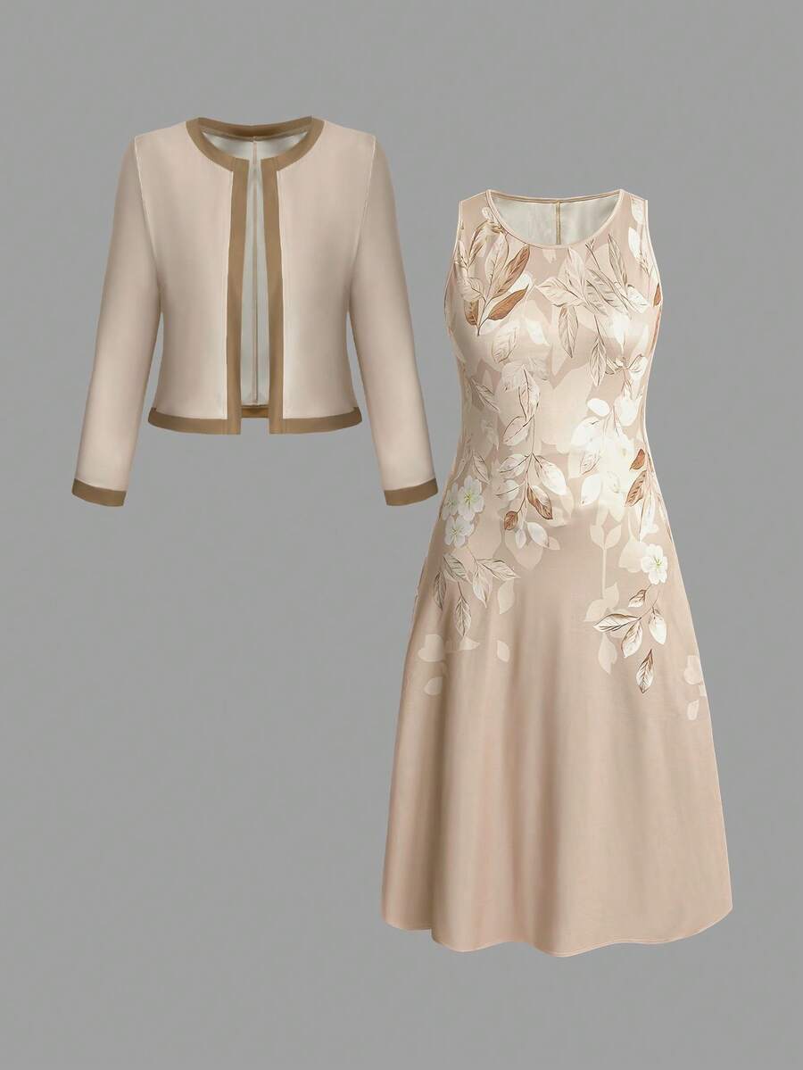 EMERY ROSE Bộ 2 món áo cardigan dệt kim cỡ lớn và váy không tay in họa tiết dành cho nữ, trang phục đi nghỉ thường ngày - Màu Khaki - Xem 1