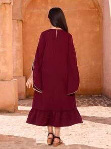 Sparklyn Girls' Middle Eastern Style A-Line Dress, Gold-Trimmed Flared Sleeves, Ribbon Embellishment, Machine Washable, Made Of Polyester Blend Fabric, Suitable For Spring, Summer And Autumn, Perfect For Everyday Wear In Spring And Autumn. - Burgundy - View 3