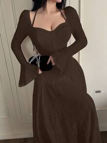 Feyla Women's Solid Color Minimalist Long Sleeve Midi Dress, Casual Everyday Wear - Coffee Brown - View 7