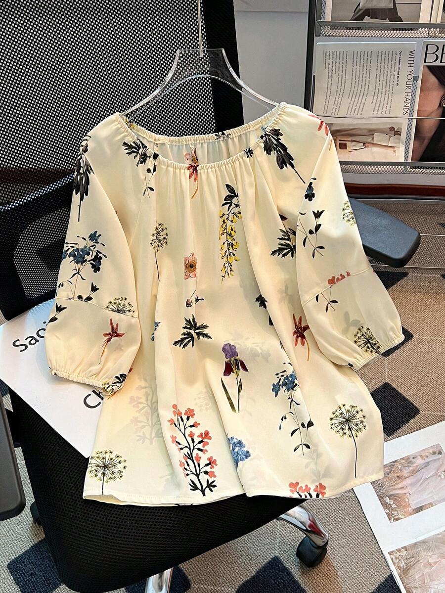 Franclia 女士圆领褶皱印花休闲百搭沙滩短袖衬衫 - 彩色 - 查看 1