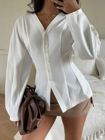 SHEIN EZwear Modern och mångsidig vit vävd blus för kvinnor, lämplig för pendling