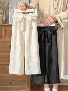 SHEIN Vintaside Kids 2条装少女休闲日常通勤简约纯色纹理面料纸袋腰带宽松阔腿裤 - 白色 - 查看 3