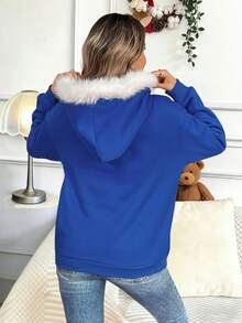 SHEIN LUNE 女式毛茸茸拼布连帽休闲宽松运动衫，秋冬新年服装 - 寶藍色 - 查看 2