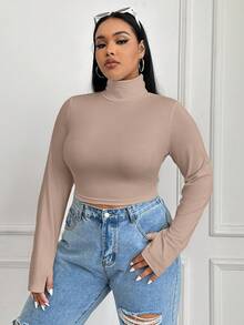 SHEIN EZwear 大码女式休闲日常通勤简约纯色高领长袖修身短款T恤，秋冬款 - 杏色 - 查看 3