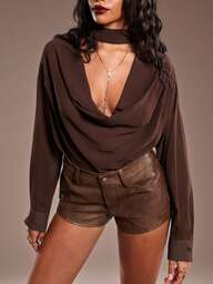 Normani بلوزة نسائية بلون أحادي ذات فتحة رقبة عميقة وأكمام طويلة فضفاضة وأنيقة