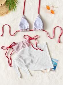 Swim SXY 3pcs Women Halter Backless Bikini Set, Sexy Swimsuit With Mesh - Red and White - View 6