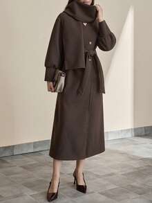 CLARA VERO Women's Long Coat With Draped Collar And With Shawl, Elegant And Warm Outerwear - Chocolate Brown - View 9