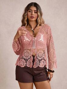 Freevana 大码女式长袖系带镂空针织开衫 - 粉色 - 查看 3