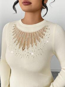 SHEIN Elenzya Áo len dài tay cổ tròn màu trơn dáng ôm vừa vặn, thời trang, phối lưới đính đá, gợi cảm và sành điệu cho buổi hẹn hò đêm. - trắng - Xem 6