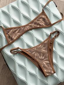 Swim Vcay 2026 New Spring/Summer Women 2pcs Sexy Micro Bikini Set, Beach Vacation Casual Brown Bathing Suit Women Brown Bikini Set Textured Bikini Criss Cross Bikini Mini Bikini - Brown - View 3