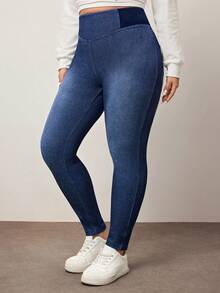 Enliva Plus Size Plain Color Block Casual Stretchy Knit Jeans Apple Bottom Jeans, For Apple Rounded Body Shape - Blue - View 6