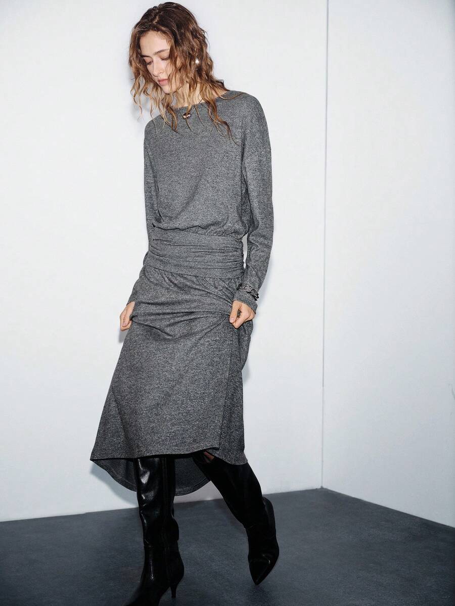 Lumivelle 女士优雅灰色宽松圆领长袖连衣裙，松紧腰身，A字中长裙摆，宽松袖子，常规长度，休闲日常穿着，基础圆领设计，适合日常通勤和休闲场合 - 深灰色 - 查看 1