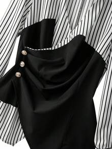 GlowEve CURVE Plus Size Women's Fashion Asymmetrical Hem Black & White Patchwork Ruched V-Neck Blouse, Stylish For Work, Autumn/Winter - Multicolor - View 6