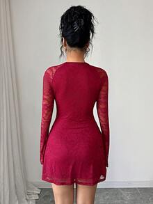 Rafferiza Women's Elegant Romantic Lace Round Neck Hollow Splice Lace Trim Long Sleeve Elastic A-Line Mini Dress, Suitable For Date, New Year, Party, Wine Red, Thanksgiving, Valentine's Day Slay Diva Dress Dark Red Dress Red Wine Dress Birthday Dinner Dress Sexy Red Sexy Dress - Burgundy - View 2