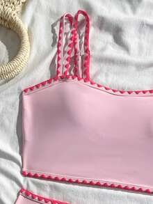 Teen Girl Summer Beach Vacation Contrast Trim Bikini Set High Waist Swimsuit Set Swimsuits For Teen Girls Pink Bathing Suit Set Pink Bikini With Scallop Trim Cute Swimsuit