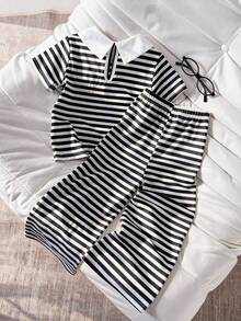SHEIN Elladie kids Casuvi 儿童两件套 - 黑白条纹针织短袖 Polo 领 T 恤 + 针织阔腿裤，美式休闲复古风，适合春夏日常休闲穿着 - 黑與白 - 查看 2