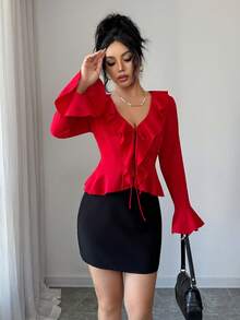 Rafferiza 女士优雅复古休闲外出约会V领荷叶边长袖喇叭袖蝴蝶结腰部显瘦法式浪漫圣诞节情人节衬衫 - 紅色 - 查看 4