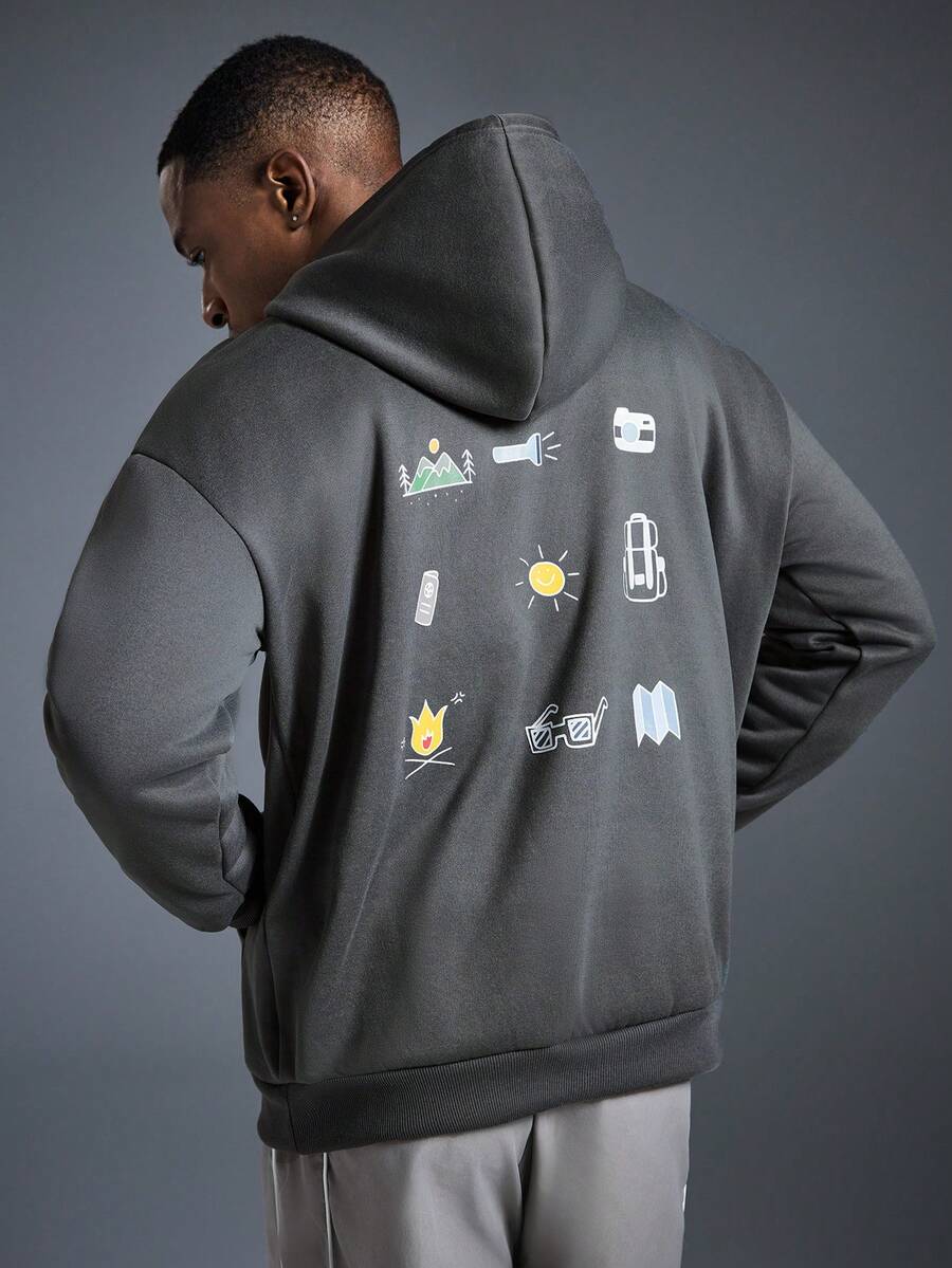 Driftmere Men's Outdoor Adventure Element Print Drawstring Hoodie Sweatshirt, Back To School, Autumn/Winter - Dark Grey - View 1