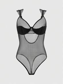 Women's Solid Color Mesh Ruffled Sheer Sexy Jumpsuit - Black - View 1