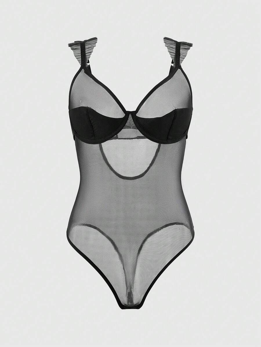 Women's Solid Color Mesh Ruffled Sheer Sexy Jumpsuit - Black - View 1