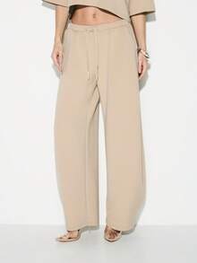 KIZN 宽松抽绳腰阔腿运动裤，舒适慢跑裤，休闲宽松版型家居服 - 卡其色 - 查看 1