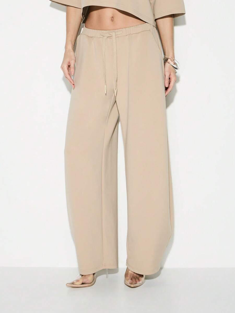 KIZN 宽松抽绳腰阔腿运动裤，舒适慢跑裤，休闲宽松版型家居服 - 卡其色 - 查看 1